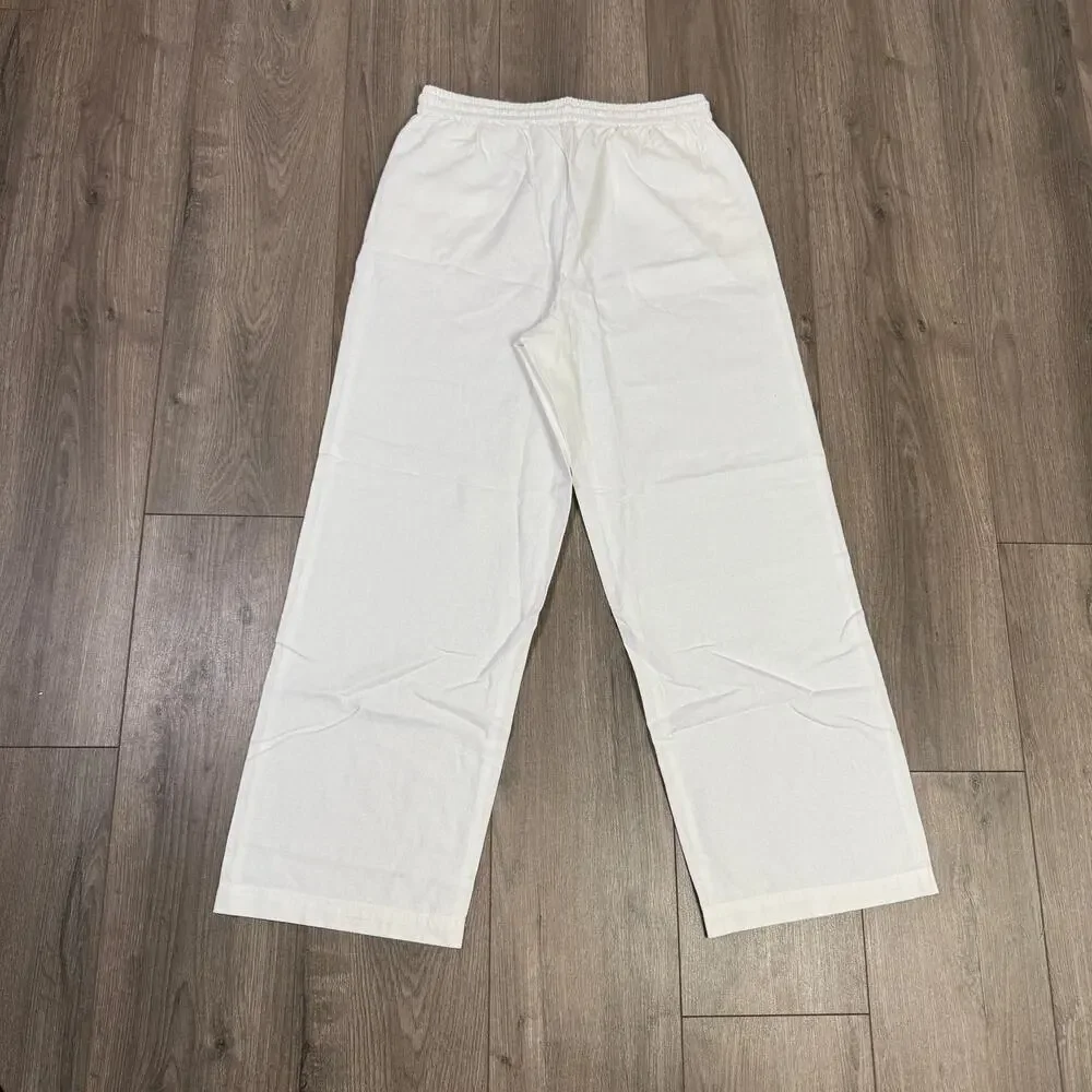 J.Crew Linen Blend Slim Wide Leg Drawstring Pants Sz 6 White Pull On Relaxed Fit